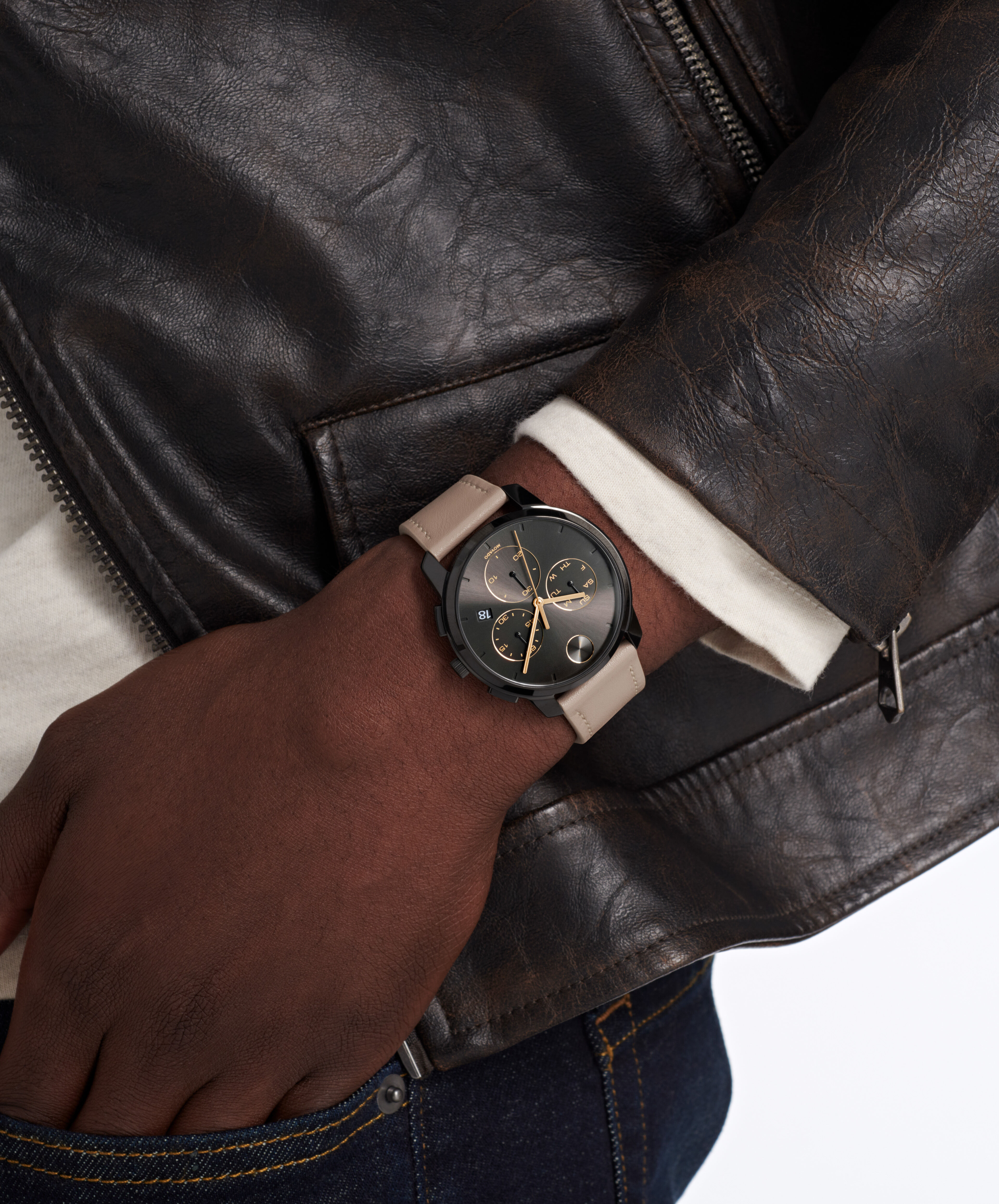 Movado | BOLD Thin Watch with black dial and taupe strap
