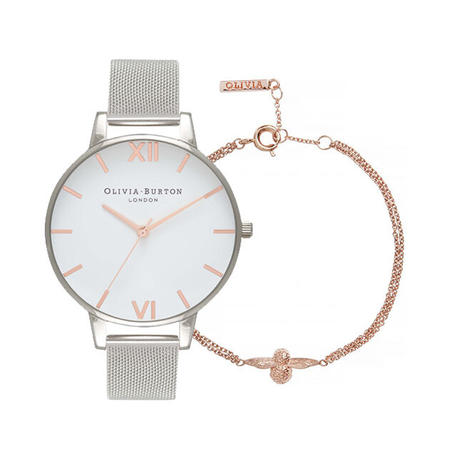White Dial Rose Gold & Silver Mesh Watch and 3D Bee Rose Gold 