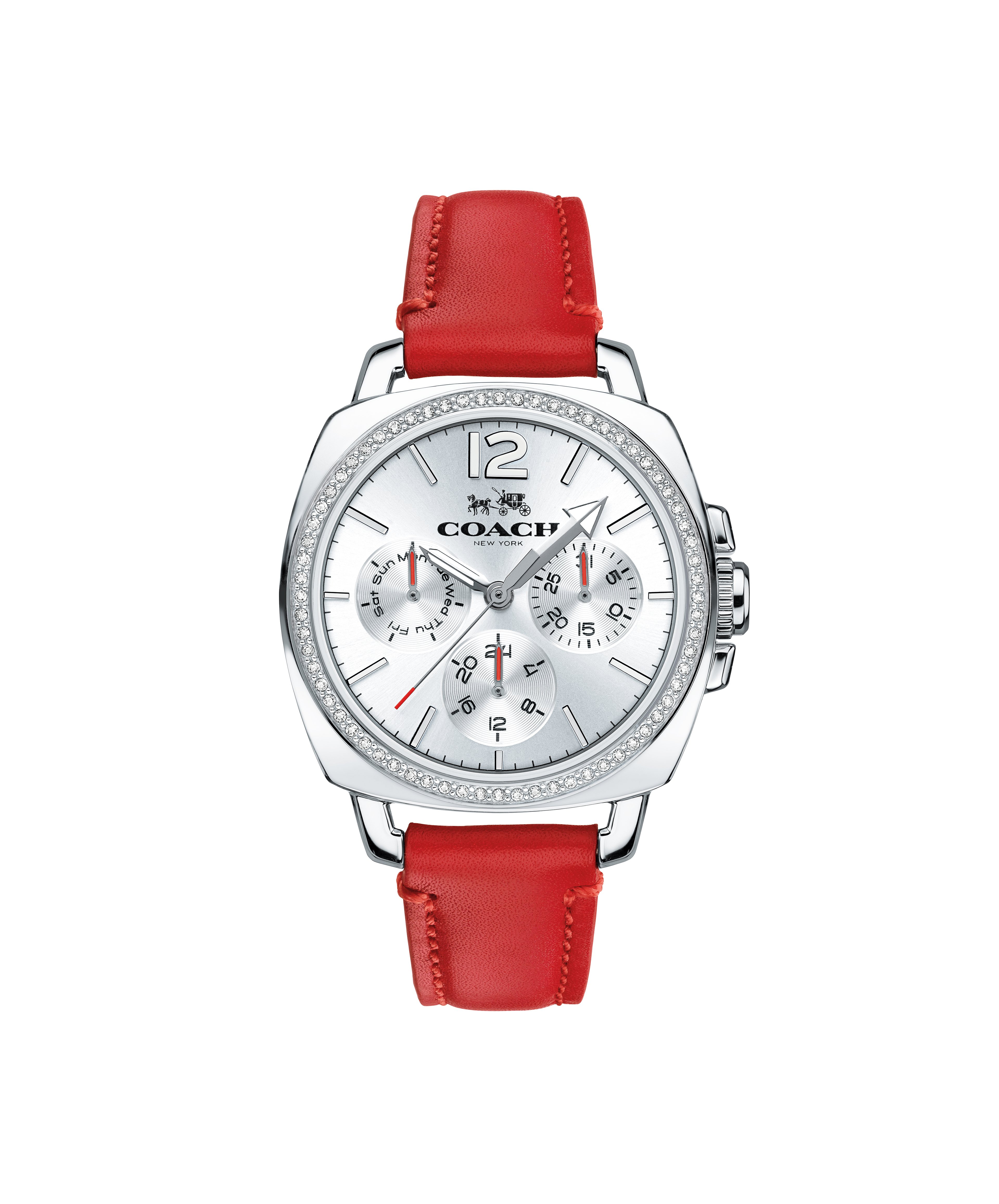 Coach | Movado Company Store| Boyfriend 34mm Red Leather Strap Women's Watch  With Silver Dial